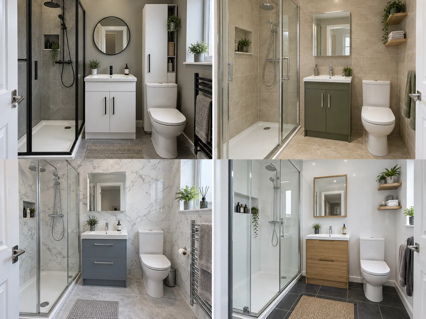 Compact shower room with pale marble walls, blue-grey vanity, chrome screen